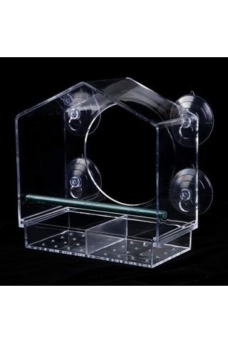 Pazly Ev Şeklinde Plastik Akrilik Kuş Yemliği - 21,5x20,5x10 Cm - Organik Cam - Evcil Hayvanlar İçin Güzel Tasarım