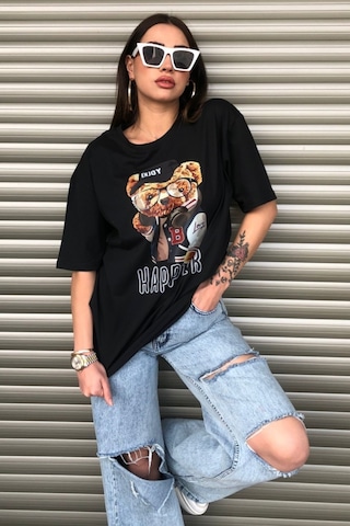 Modagen Kadın Happier Oversize Baskılı Siyah T-shirt Hp Siyah