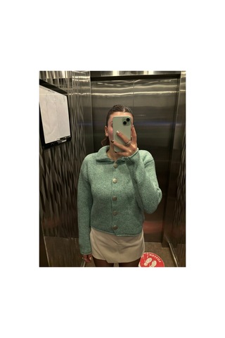 Genel Markalar Kadın Turkuaz Polo Yaka Düğmeli Oversize Triko Hırka Uzun Kollu Basic Günlük Hırka Turkuaz 923228701 Turkuaz