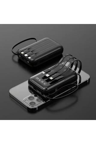 Enerx Enr-p10dc Powerbank 10.000 Mah 2a Dijital Ekranlı Fenerli Dahili Kablolu Usb+type-c+micro+ipho Siyah