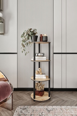 4 Katlı Dekoratif Yuvarlak Kitaplık Meşe Meşe