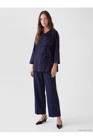 Lcw Modest Lacivert Kruvaze Yaka Bağcıklı Kadın Kimono