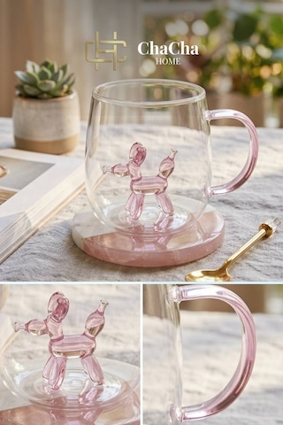 Chacha Home Figürlü Borosilikat Cam Kupa 350 Ml - Renkli Kulplu Bardak - El Yapımı Cam Figürlü Sunum Kupası Beyaz