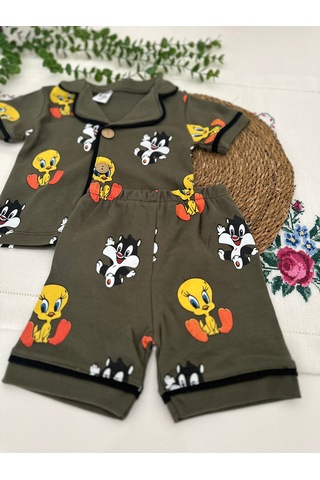 Tuem Bebek Tweety Ve Sylvester Desenli Unisex Bebek Şortlu Pijama Takımı Beden Ölçüleri Açıklamada Açık Haki