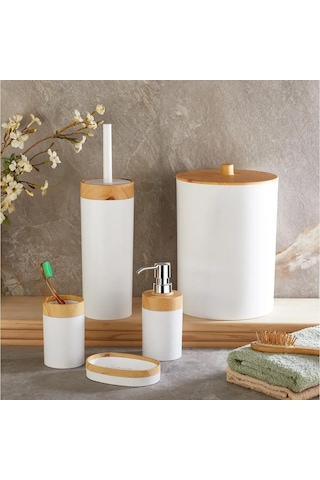 Bersachef Limpia Bambu Desenli 5'li Banyo Seti Çöp Kovası Sıvı Sabunluk Diş Fırçalık Kutusu Banyo Seti Beyaz