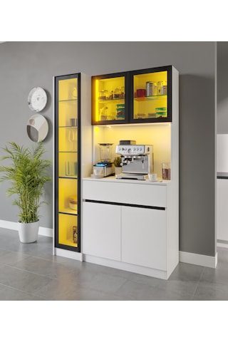 Moon Midi Sol Vitrinli Kahve Köşesi Komple Mdf Led Mutfak Dolabı Beyaz