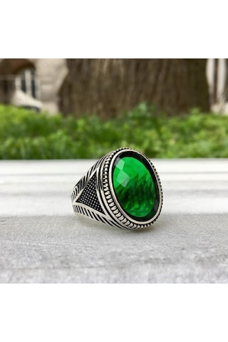 Gümüş Yeşil Zirkon Taşlı Erkek Yüzük (508524549)