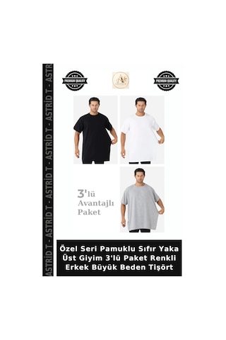 Astrid T Özel Seri Pamuklu Sıfır Yaka Üst Giyim 3'lü Paket Renkli Erkek Büyük Beden Tişört Beyaz Siyah Gri