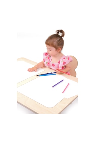 Montessori Çocuk Ahşap Oyun Etkinlik Çalışma Masası Seti, Sandalyeli Ve 2 Saklama Alanlı Ahşap