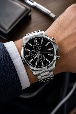 Erkek Gümüş Renk Metal Kordon Analog Kol Saati Takvim Göstergeli Siyah Kadran - Gümüş Çok Renkli