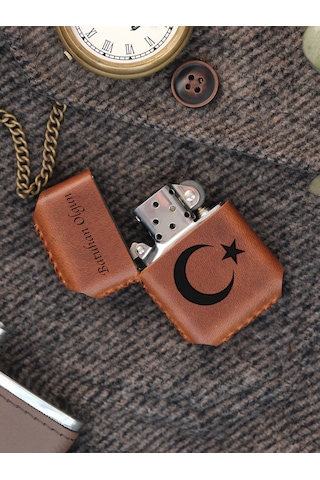 Vagave Taba Renk Hakiki Deri Kılıflı Zippo Benzinli Çakmak
