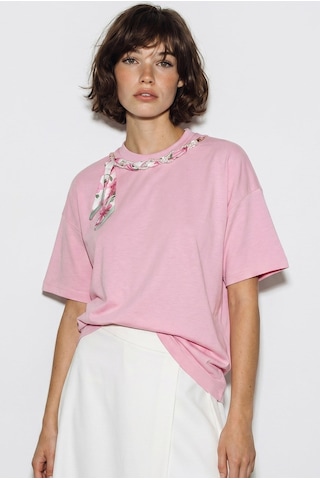 Kadın Fular Ve İnci Detaylı Bisiklet Yaka Oversize Basic T-shirt 360096 60286358 - Pembe