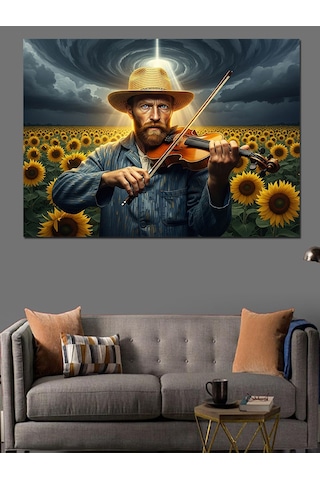 Çiçek Tarlasında Keman Çalan Van Gogh Dekoratif Kanvas - Mdf Ahşap Tablo