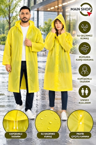 Mainshop Unisex Yağmurluk Kapüşonlu Çıtçıtlı Su Geçirmez Uzun Yağmurluk Kadın Erkek Sarı