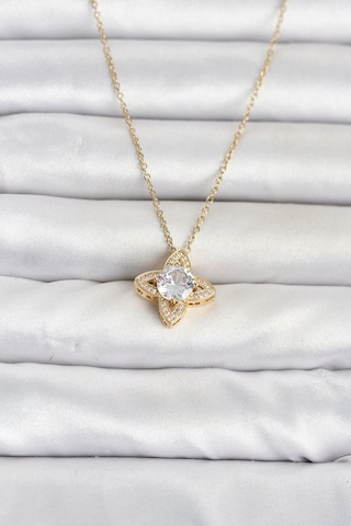 316l Çelik Zincir Gold Renk Yonca Model Kadın Kolye Açık Mavi 71170181