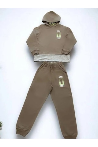 Erkek Çocuk İki İplik Pamuklu Eşofman Takımı-14625 Kahverengi