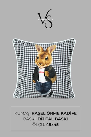 Kırlent Kılıfı 2'li Tavşan Desenli 45x45 Raşel Örme Kadife Çift Taraflı Dijital Baskı Beyaz Biyeli Çok Renkli