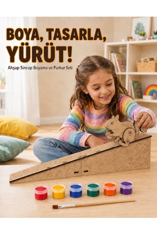 Çocuk Ahşap Hareketli Sincap Boyama Seti 6 Renk Boya, Fırça Ve Kolay Montaj Parkuru