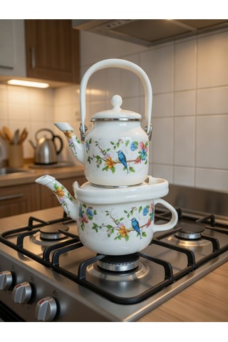 Lüks Nostaljik Çift Katlı Emaye Çaydanlık Takımı - Mavi Kuşlu Renkli Çiçek Desenli Vintage Model Beyaz