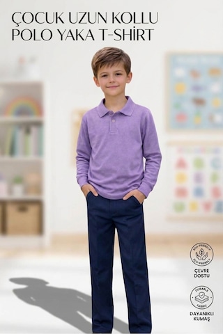 Erdem Kıds Unisex Kız Erkek Çocuk Polo Yaka Pamuklu Uzun Kol Lila Günlük Basic Okul Tişört Lila Lila