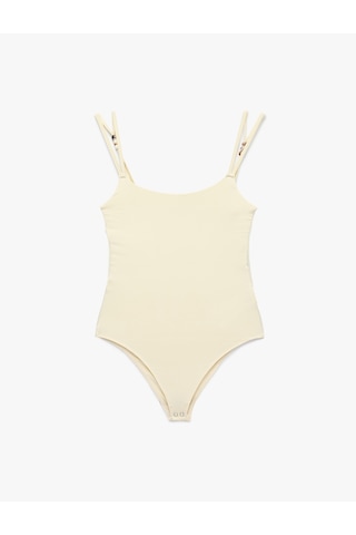 Koton Slim Fit U Yaka Boncuklu Askılı Bodysuit Ekru 6sak10415ek