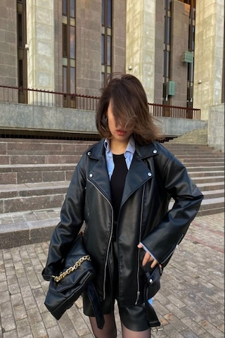 Prifaldi Yeni Sezon Oversize Uzun Kadın Siyah Deri Ceket Siyah