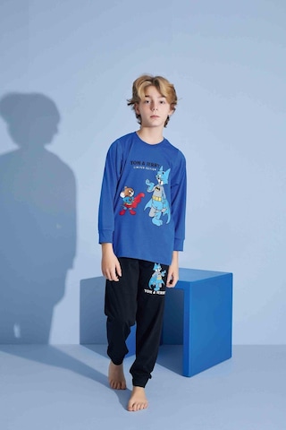 Tarık Erkek Çocuk Sevimli Kedi Desenli Uzun Kollu Pijama Takımı-935 Mavi