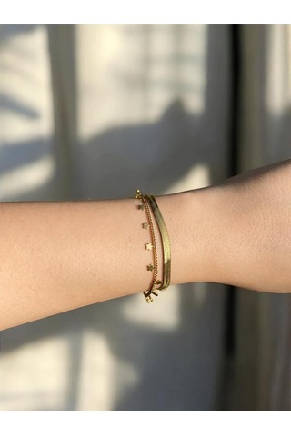 Yıldız Detaylı İtalyan Zincirli Çift Sıra Kadın Bileklik Altın