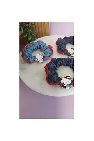 Hello Kitty Figürlü Scrunchie Lastik Toka Denim Kumaş Şık Saç Aksesuarı 1 Adet Lacivert