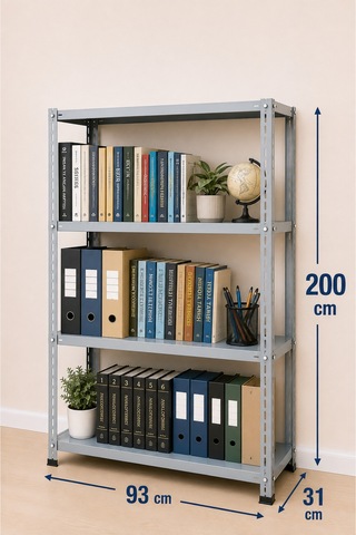 4 Katlı Çelik Raf Sistemi, Depo, Arşiv, Kiler, Dosya, Market, Çiçek, Ayakkabı Rafı 31x93x200 Cm Kalınlığı: 0,70 Mm Gri
