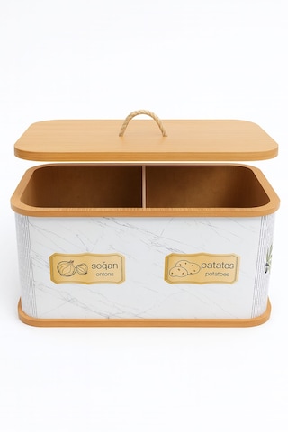 Dekorasyaa 2 Bölmeli Patates Soğanlık - Bambu - Dikdörtgen Beyaz Desen Beyaz