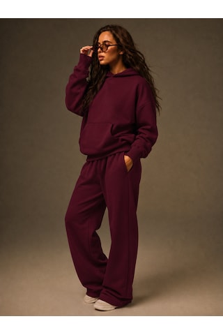 Macklin Unisex Kadın Erkek Baskısız Sweatshirt Oversize 3 İplik Kapüşonlu Hoodie Ve Baggy Eşofman Altı Bordo