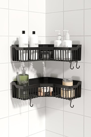 Ata Home Banyor Yapışkanlı Banyo Köşeliği Rafı, 2'li Banyo Düzenleyici, Duvar Duş Rafı Banyo Köşe Şampuanlık Siyah Sku: Smgstk523233543c Açık Ahşap