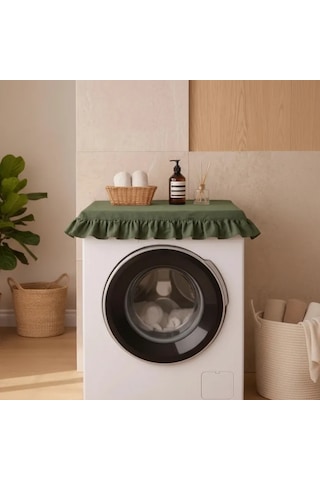Fırfırlı Çamaşır Makinesi Örtüsü - Çeyizlik Dekoratif Banyo Makine Kılıfı- Haki