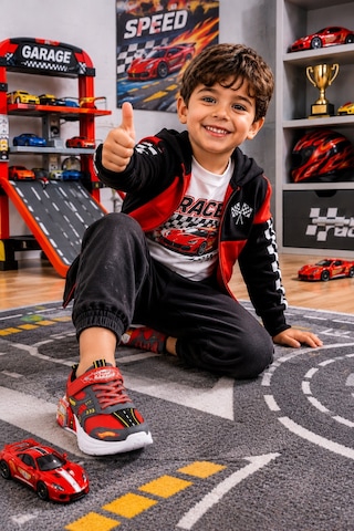 Mini Bonito Erkek Çocuk Ortopedik Garaj Tabanlı Spor Ayakkabı Çift Metal Arabalı Tasarım Füme