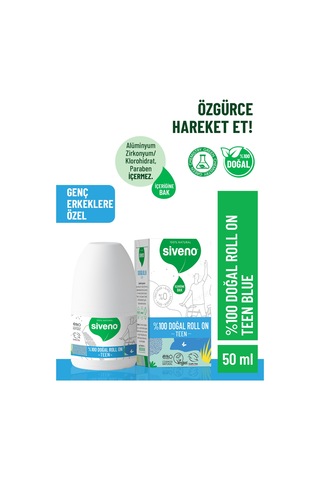Siveno %100 Doğal Roll-On Teen Blue Genç Erkek Deodorant Ter Kokusu Önleyici Bitkisel Lekesiz Vegan 50 ML
