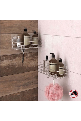 Teknotel Yapışkanlı Kancalı 2 Adet Banyo Rafı Silver St217H Gümüş