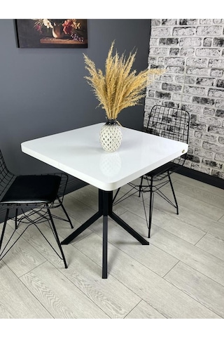 Roma Beyaz Mutfak Yemek Masası Balkon Masası Kavisli Köşe Metal Siyah Ayak 80 Cm