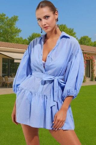 Ersefa Şık Bisiklet Yaka Pamuk Mini Elbise Rahat Yazlık Model Özel Tasar Mavi