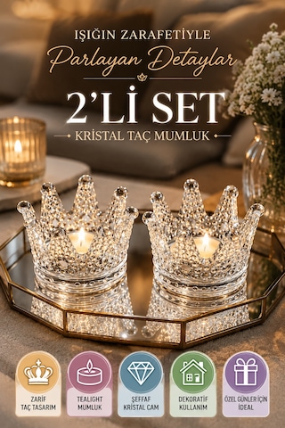 2'li Set Kristal Taç Mumluk Şeffaf Diğer