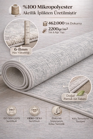 Modern Gri Soyut Desen Hav Yüksekliği 2200gr/m² 462.000 Sık Dokuma Pamuk Jüt Taban Salon Halısı