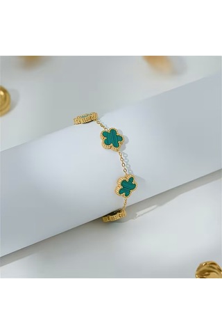 Çelik Bileklik Dört Yapraklı Küçük Yonca Yeşil Çizgili Sedef Taşlı Uzunluk 18 Cm Gold Altın - Gold