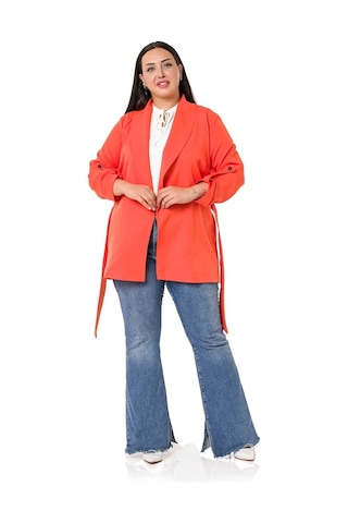 Büyük Beden Şal Yaka Kuşaklı Katlamalı Kollu Turuncu Ceket
