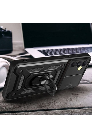 Samsung Galaxy Uyumlu A25 Kılıf Sürgülü Kamera Koruyucu Manyetik Standlı Tank Koruma Tekno Grup Siyah