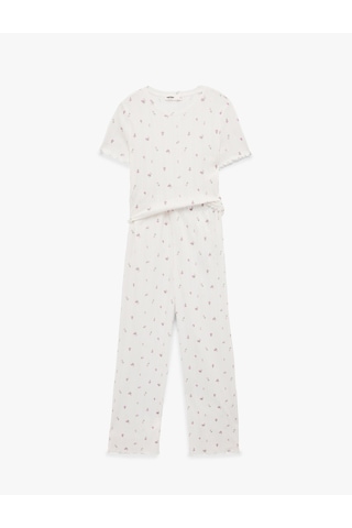 Koton Pamuklu Kısa Kollu Bisiklet Yaka Çiçek Desenli Pijama Takımı - 2'li Set Pembe Desenli 6slk40093mk