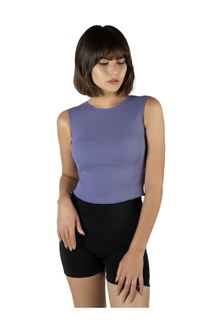 Terapi Men Mor Fitted/vücuda Oturan Crop Halter Yaka Fitilli Esnek Örme Bluz Atlet Mor