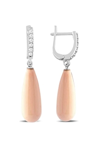 Gümüş Uzun Damla Model Kolye Küpe Pembe Inci Set