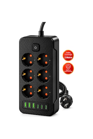 Castu Ls J06 12'si 1 Arada Akım Korumalı Priz 6 Çoklu Soket 3 Usb 3 Type-c 2500w Çocuk Korumalı Kapaklı Uzatma Kablolu Grup Priz 2M
