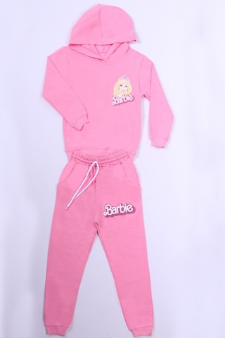 Kız Çocuk Eşofman Takımı Barbie Baskılı Kapşonlu B57 Pembe