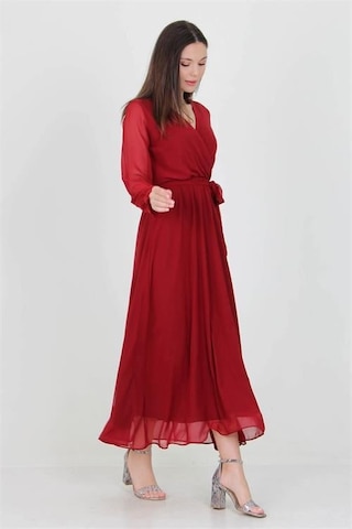 Dip Moda Kadın Kuşaklı Astarlı Uzun Şifon Elbise Dpnb003 Bordo